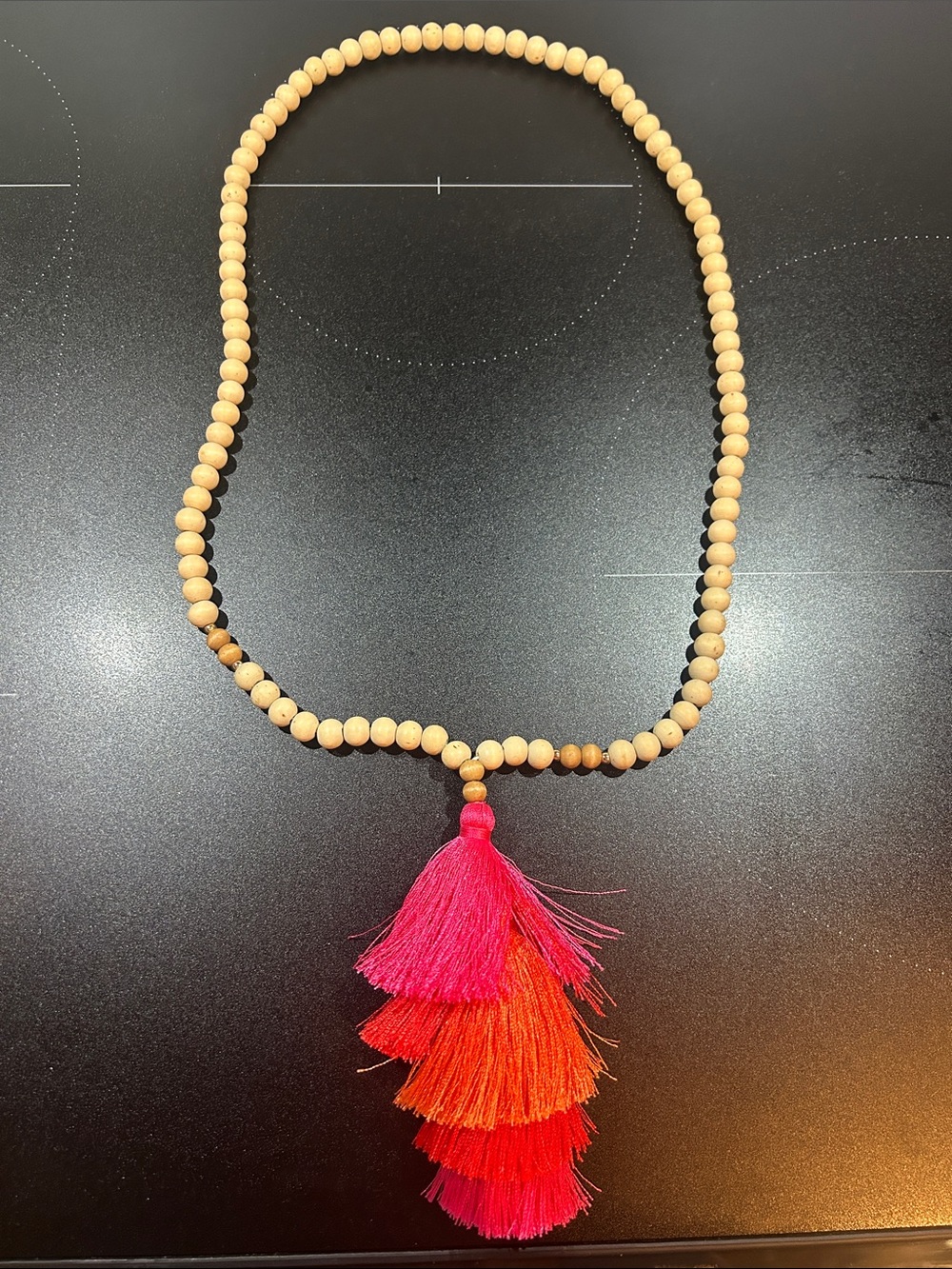 Beaded Wooden Necklace with Pink & Orange Tassel